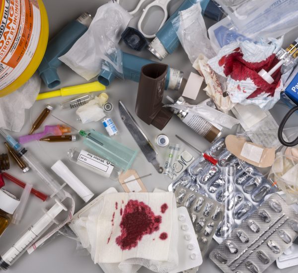 Hazardous Medical Waste York, United Kingdom - August 10, 2015: Hazardous medical waste that needs to be carefully disposed of by incineration. Items include clinical waste such as used syringes and needles, used swabs, plasters and bandages. Used drug blister packs and ampules. Biomedical waste is potentially infectious.